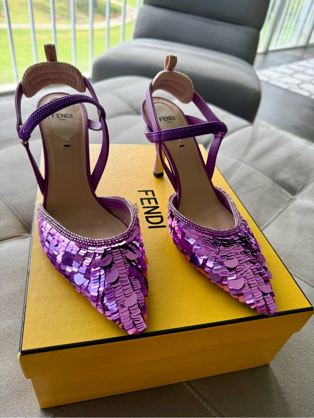 Fendi Iridescent Purple Sequin Pointed-Toe Ankle-Strap Heels